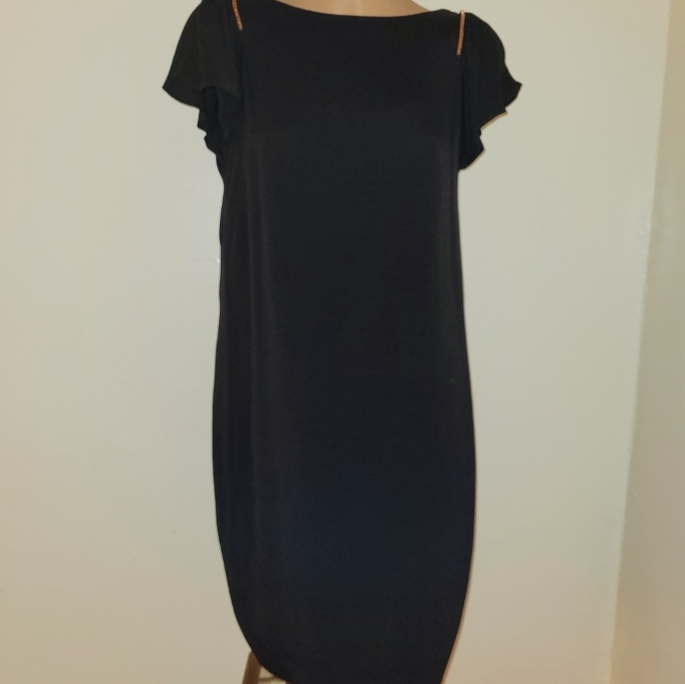 BASIC DRESS SMALL NEW VISCOSE-LINED BLACK CRAPE DRESS WITH ROSE DETAIL - Picture 4 of 14